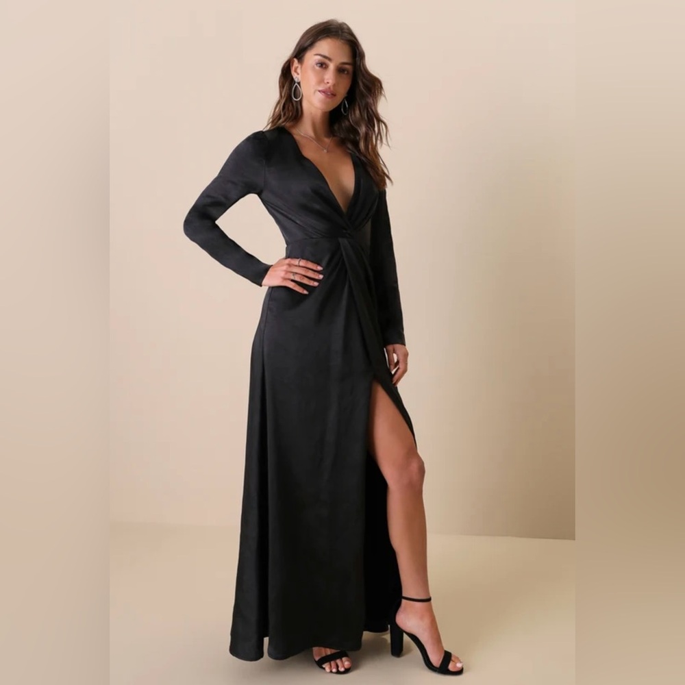 New Endearing Elegance Black Satin Long Sleeve Maxi Dress
Lulus size L